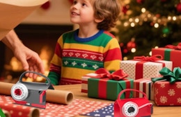 an adult and kid next to wrapping paper and cutters on a table