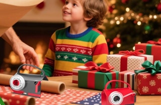 an adult and kid next to wrapping paper and cutters on a table