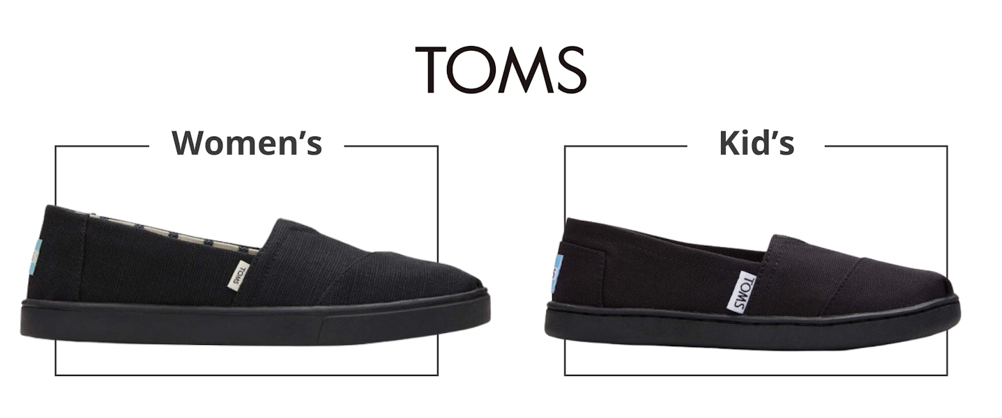 A comparison of a kid's and women's Toms shoe