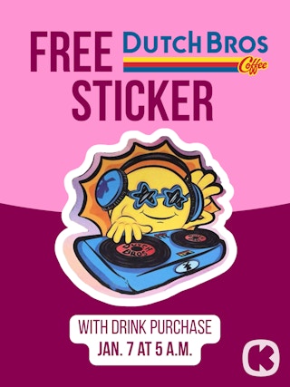 dutch bros january sticker featuring a dj sun spinning two dutch bros records