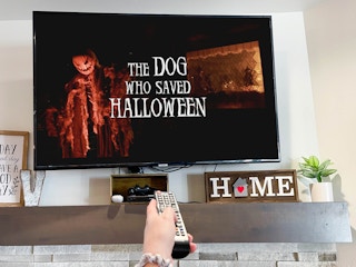 A person pointing a remote at a TV displaying the title card for the movie The Dog Who Saved Halloween