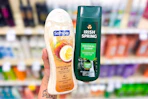 person holding softsoap and irish spring body wash in front of a shelf