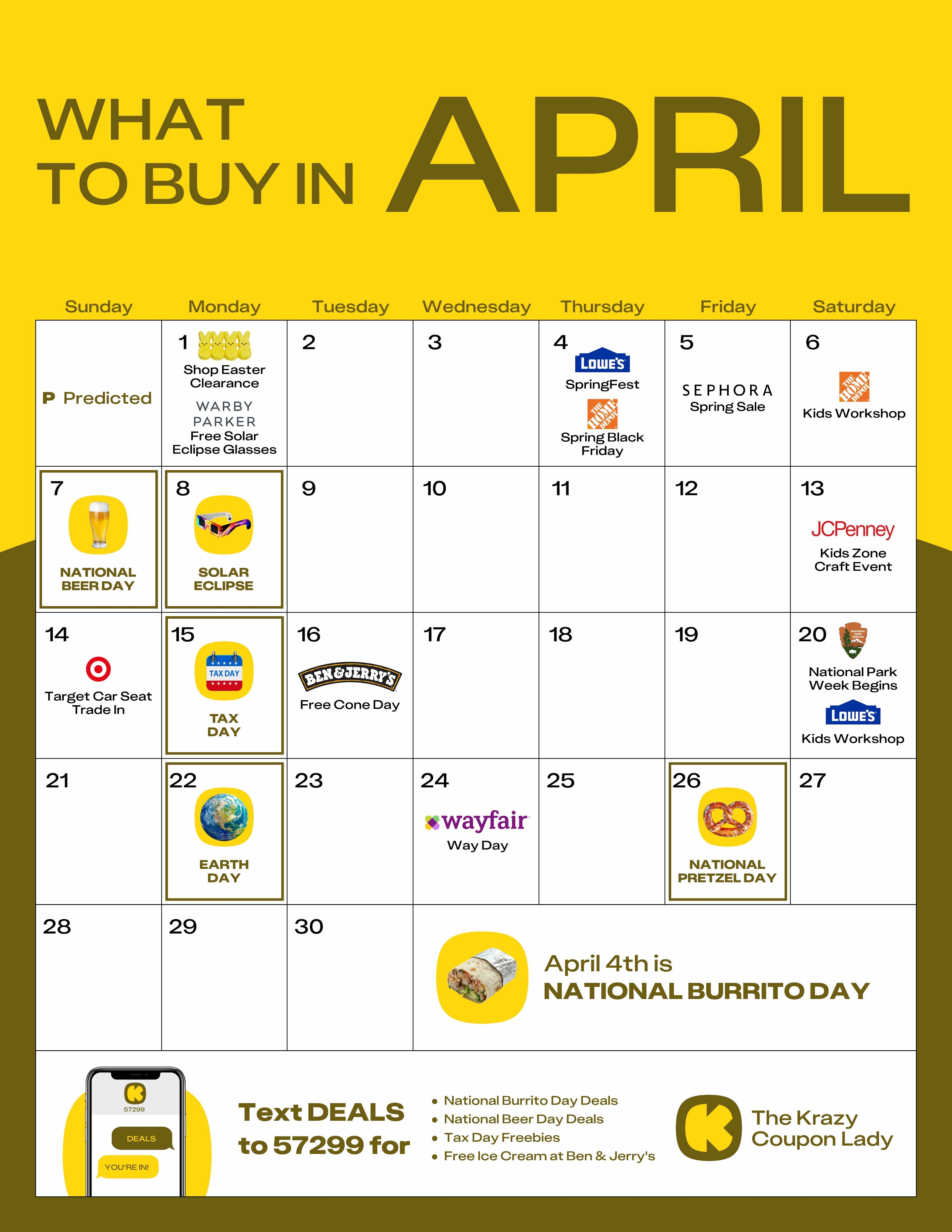a calendar showing all retail events for the month of april