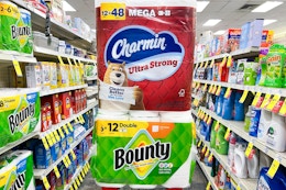 charmin and bounty paper products in an aisle