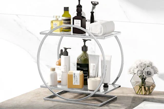 perfume organizer on bathroom countertop