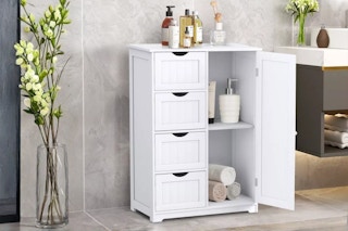 Lifestyle image of the Costway Storage Cabinet in bathroom setting