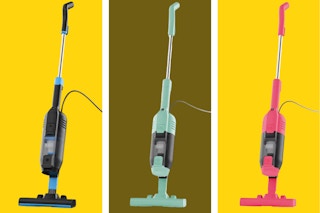 Black, green, and pink Black+Decker Stick Vacuums on an olive and yellow background.