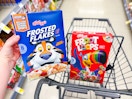 person putting frosted flakes into a cart with froot loops in it