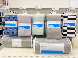 weighted blanket and blanket covers on Target store shelf