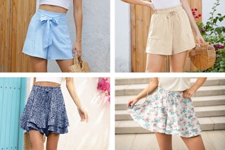 4 Lifestyle images of women's wide-leg flowy shorts