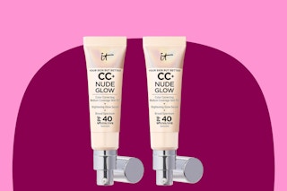 IT Cosmetics Foundation Duo on a maroon and pink background. 