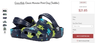 A screenshot of a Crocs Kids product page on 6PM's website.