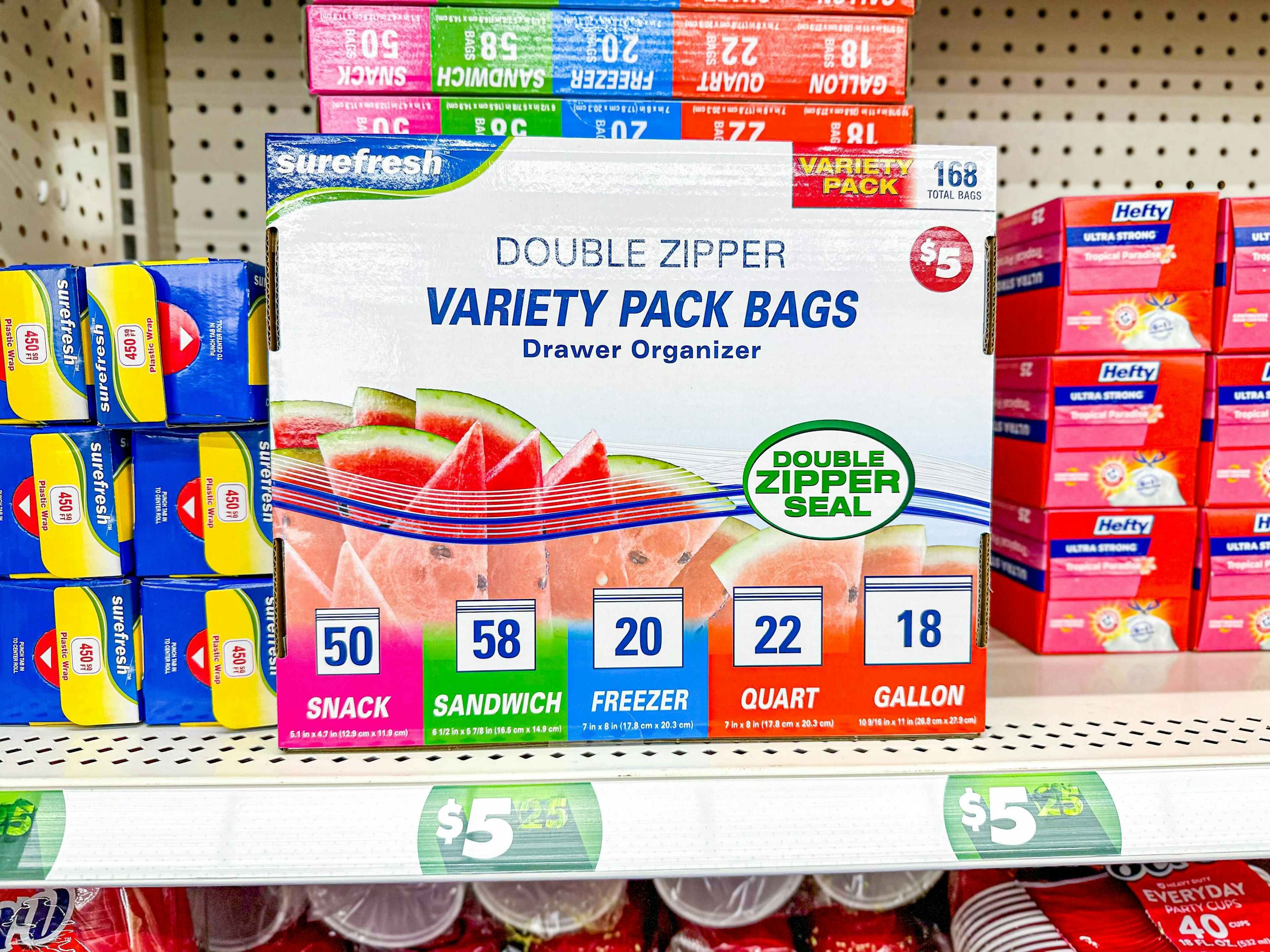variety pack of food storage bags on a shelf