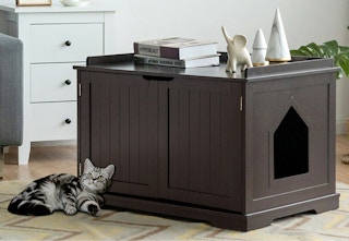 A cat leaning against a brown cat litter storage bench in a living space. 