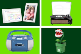 Digital calendar, record plater, boombox & Nintendo camera
