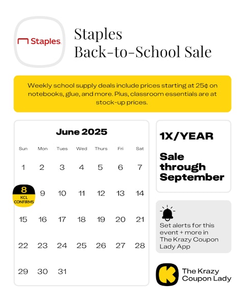 Calendar graphic of Staples Back to School Sale that starting on June 8 2025