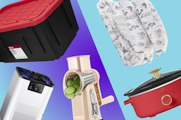 red and black storage tote, air purifier, rotary grater, small slow cooker, and comforter set