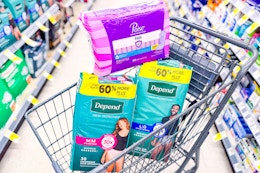 poise and depend in a shopping cart