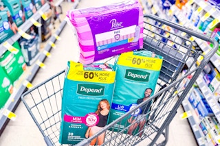 poise and depend in a shopping cart