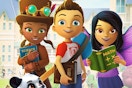 three children standing next to each other holding educational subject books, panda looking up at them