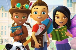 three children standing next to each other holding educational subject books, panda looking up at them
