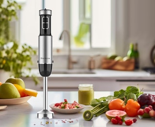 a immersion blender on a table with fruits and vegetables