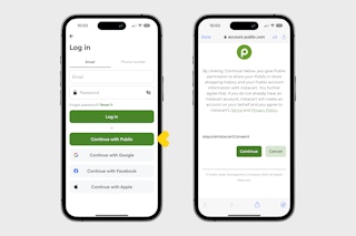 two phones showing how to connect your Publix account in the Publix Delivery app