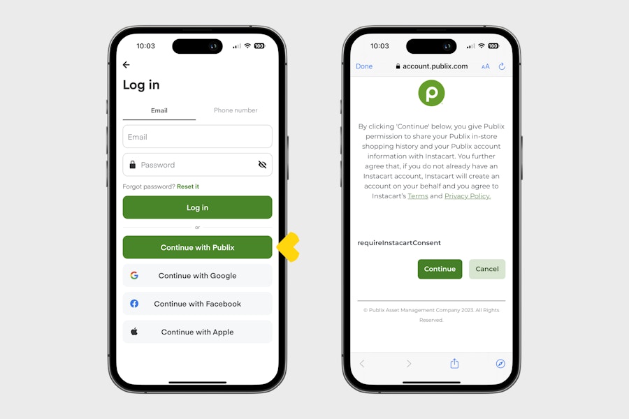 two phones showing how to connect your Publix account in the Publix Delivery app