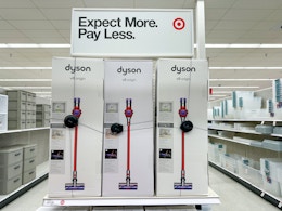 target dyson v8 cordless vacuum sitting on a target shelf