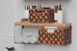 wicker baskets against the wall