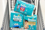 Pampers diapers in a shopping cart