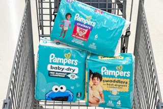 Pampers diapers in a shopping cart