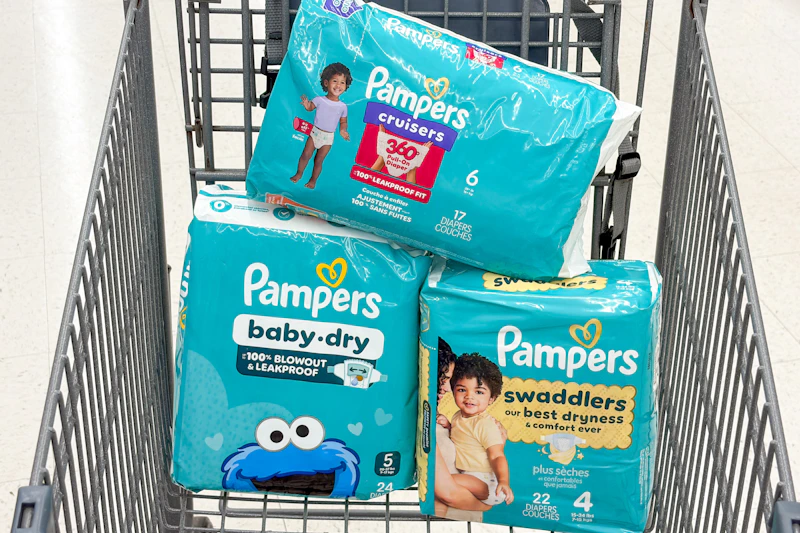 Pampers diapers in a shopping cart