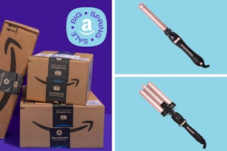 two rose gold hair tools in a collage with Amazon boxes