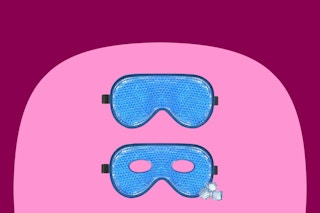 Two blue eye masks filled with beads that conduct heat or cold. One mask has eye holes.