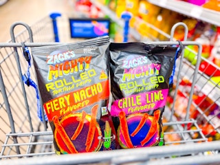two bags of zacks mighty rolled chips in walmart cart