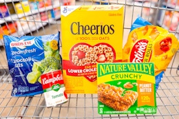 cheerios, birds eye, campbell's, nature valley, totino's products in a shopping cart
