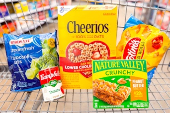 cheerios, birds eye, campbell's, nature valley, totino's products in a shopping cart
