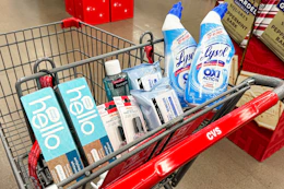 hello toothpaste, sally hansen hard as nails, neutrogena astringent, neutrogena makeup wipes, and lysol toilet cleaner in a cart
