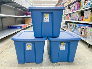 three sterilite totes stacked in walmart aisle