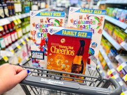 cinnamon toast crunch and cheerios family size cereals in walgreens cart