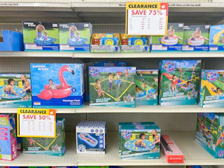 Large shot of multiple shelves of summer clearance at Big Lots