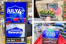 Lowe's fourth of july sign, american flag, and mulch