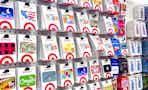 various themed target gift cards on display in store near shopping cart