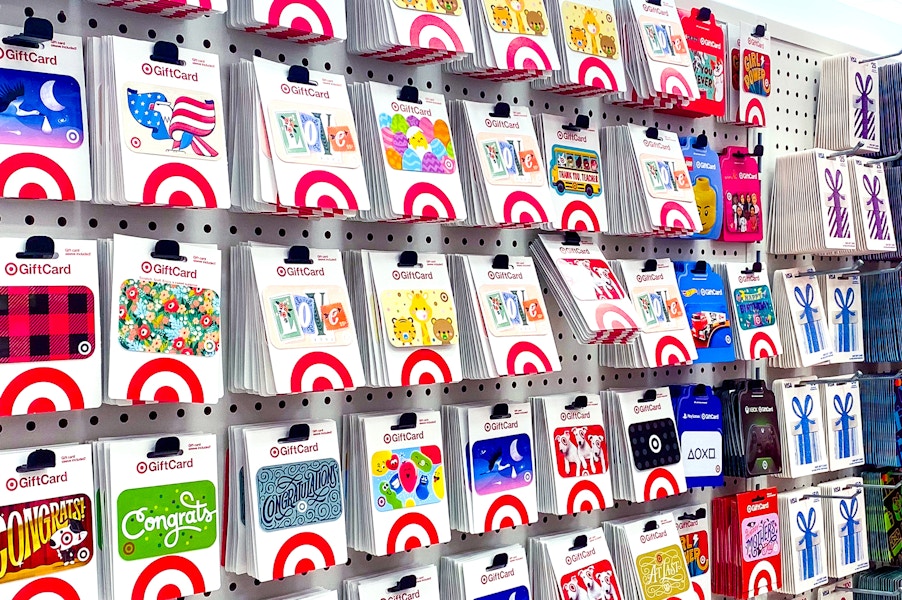 various themed target gift cards on display in store near shopping cart