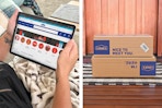 a woman looking at Lowe's cyber monday deals on an ipad and some lowes boxes on a front porch