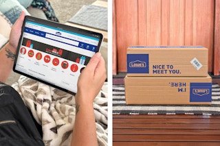 a woman looking at Lowe's cyber monday deals on an ipad and some lowes boxes on a front porch