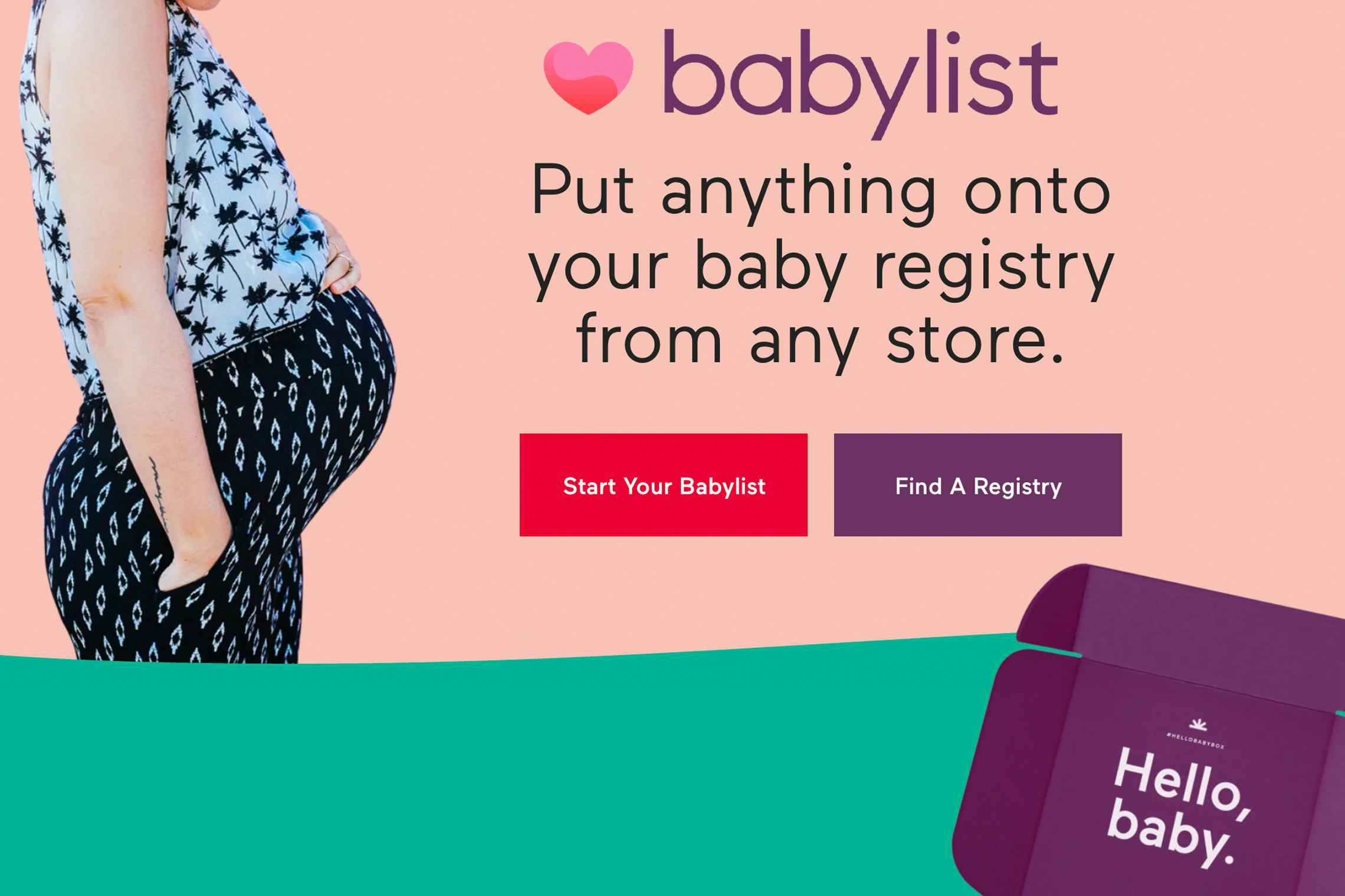 A Babylist.com website screenshot that reads, "babylist. Put anything onto your baby registry from any store." with an image of a ...