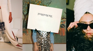 A carousel image showing a person with a The RealReal bag on their head next to a person standing and a person wearing sunglasses