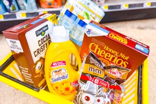 dollar general groceries in a shopping basket